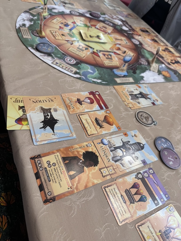 Grand Central Skyport board game with hot air balloons and a round board